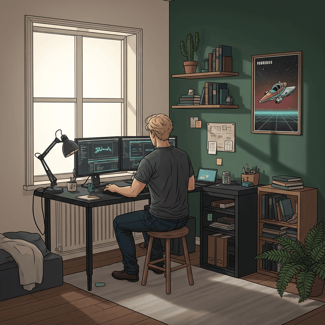 Illustration générée par IA me représentant assis à mon bureau